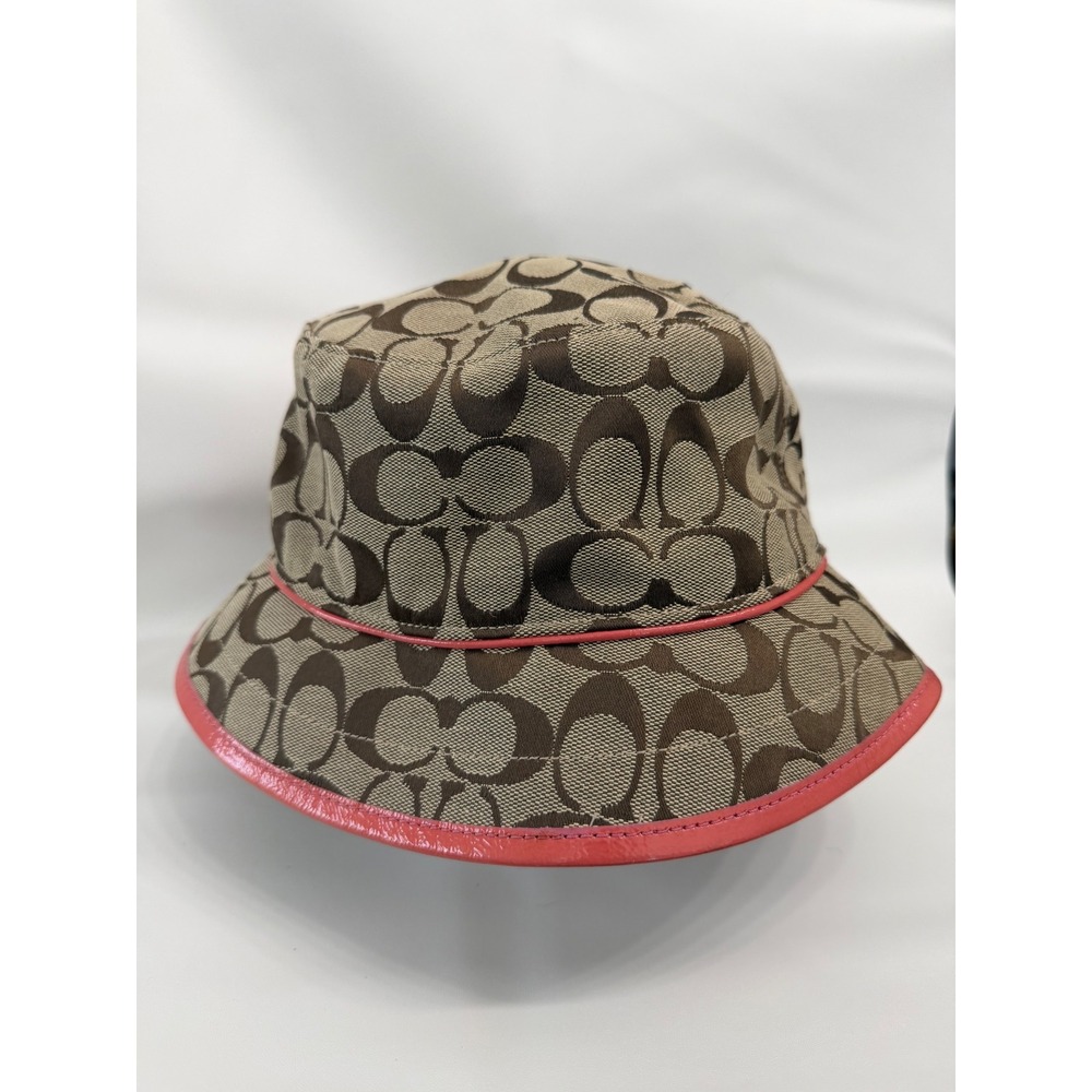 VINTAGE Coach Brown Logo Signature Bucket hat with coral accents size M/L